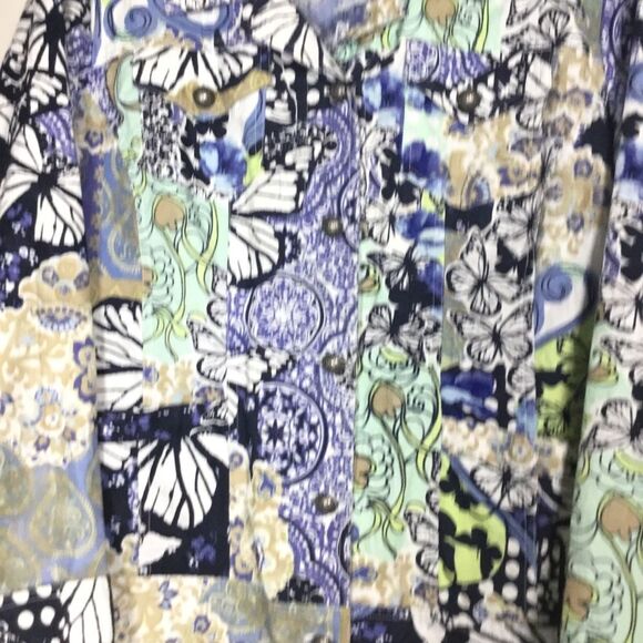 100% cotton denim jacket in navy blue minty green gold with butterfly scrolls XL - Picture 2 of 7